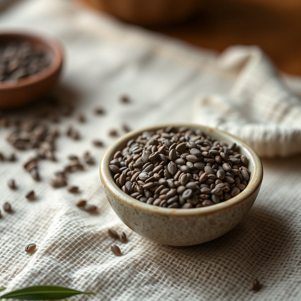 Chia seeds in a small ceramic bowl on a natural linen surface